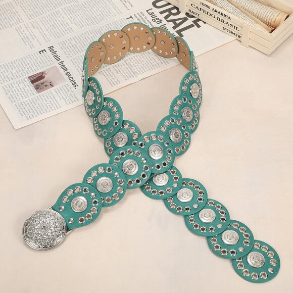 Women Vintage Disc Waist Concho Leather Belt Boho Waist Belt Green Silver Buckle - Picture 7 of 7